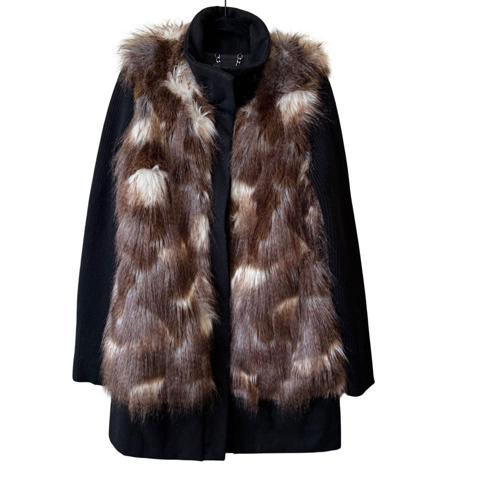 BB Dakota Womens Wool Blend Faux Fur Coat S Black Brown Winter Chic Boho Glam